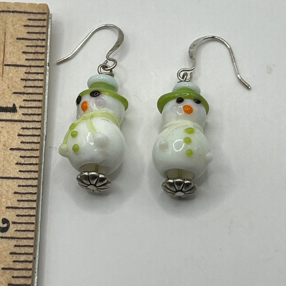Vintage Snowman Pierced‎ Earrings White Glass and Silver Tone Winter Holiday